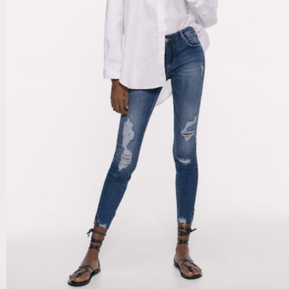 Zara Denim - Zara Blue Denim Ripped Compact Skinny Jeans Size M